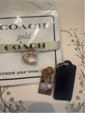 NEW Coach Gold-tone Charm Pendant + Black/brown Luggage Tag Mini Bag Charm FIRM
